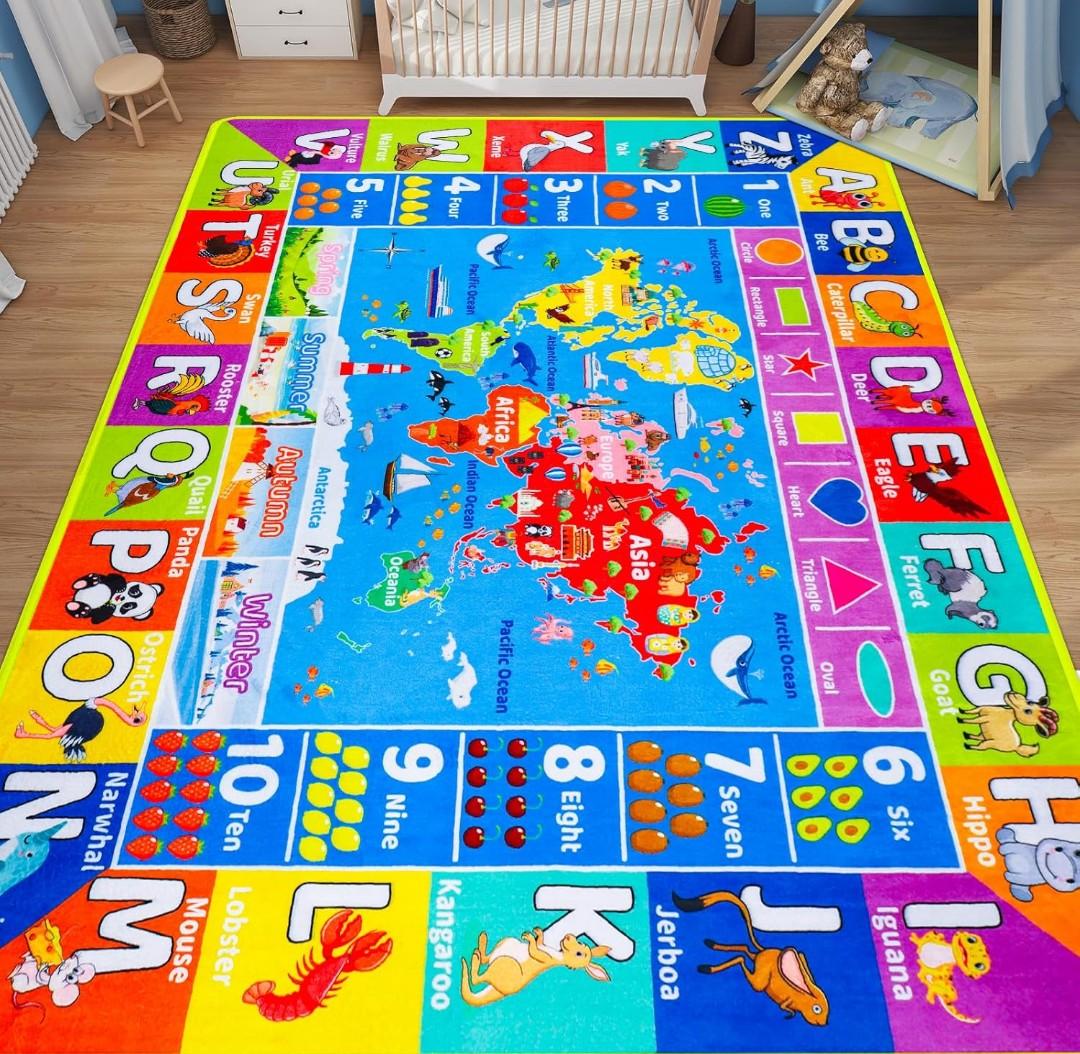 World Map ABC Kid Rug for Playroom Geography 59"×39.4" Classroom Play Rug Educational Baby Playmat Alphabet Carpet Primary School Fluffy Polyester Non-Slip Preschool Mat Nursery Room Learning