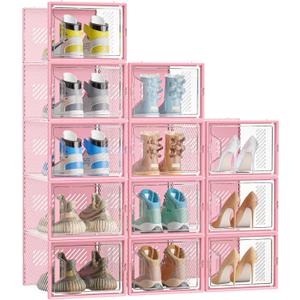 Shoe Storage, 12 Pack X-Large Shoe Organizer for Closet, Shoe Boxes Clear Plastic Stackable Shoe Storage Boxes for Size 13 (Pink)