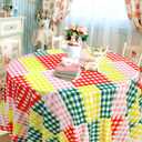 Ganeen 6 Pcs Gingham Checkered Tablecloth Camp Bachelorette Party Decorations Supplies 84 Inch Plastic Round Table Covers Gingham Checkered Tablecloth for Birthday Picnic Bridal Baby Shower Outdoor (Multi Color)
