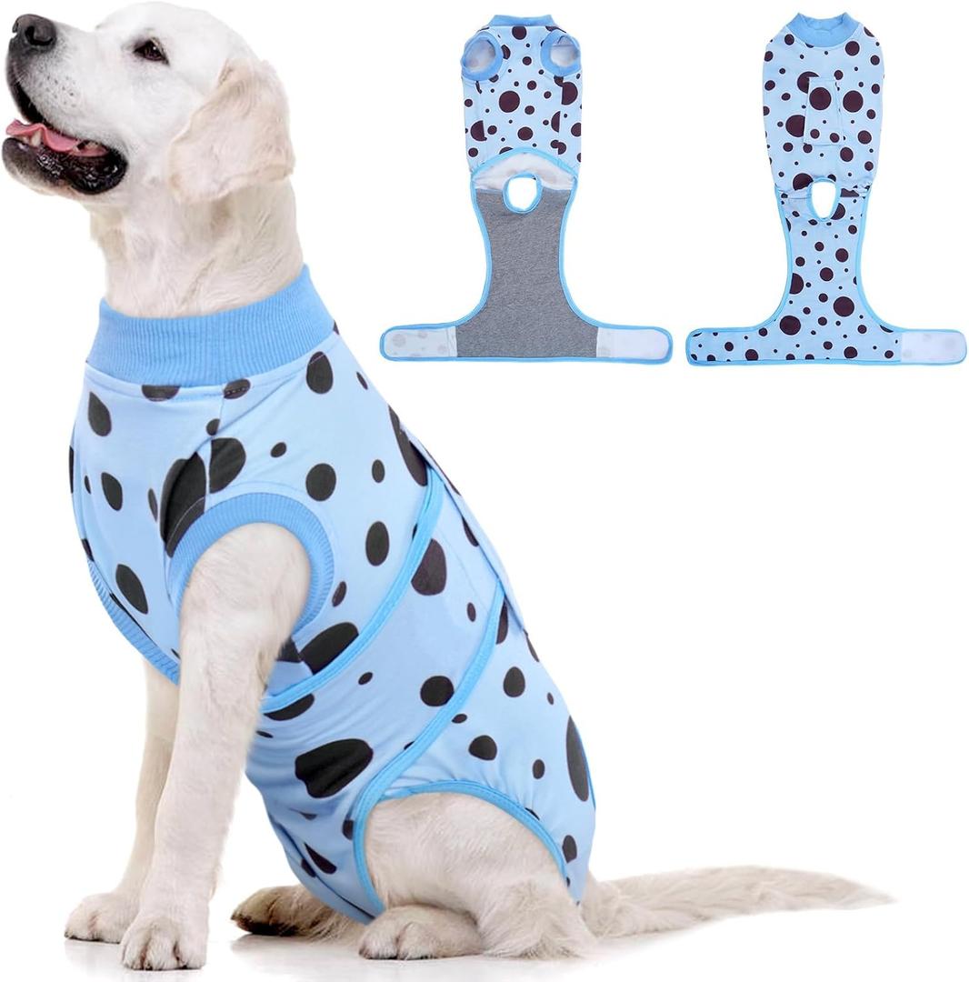 Kuoser Dog Surgery Suit, Soft Dog Spay Recovery Suit Female, Anti Licking Neuter Recovery Suit for Male Dogs, Post-Op Pet Surgical Suit Protective Wear E-Collar & Cone Alternative,Blue Polka Dots 2XL (XX-Large (Back: 24.8" - 29.5"; Weight: 70+ LB)