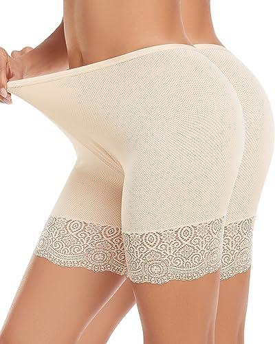 Blueinn Women's Cooling Slip Shorts for Under Dresses Seamless Mesh Anti Chafing Shorts - 4-Way Stretch Nylon, Stay-in-Place Lace Hem, Ultra-Thin Waistband, 2PC Beige, M