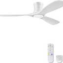 52" White Wood Flush Mount Ceiling Fans with Lights and Remote,Quiet DC Motor,Dimmable,Reversible,Ultra Low Profile Ceiling Fan for Master Bedroom Living Room Patio,Modern Indoor/Outdoor Use