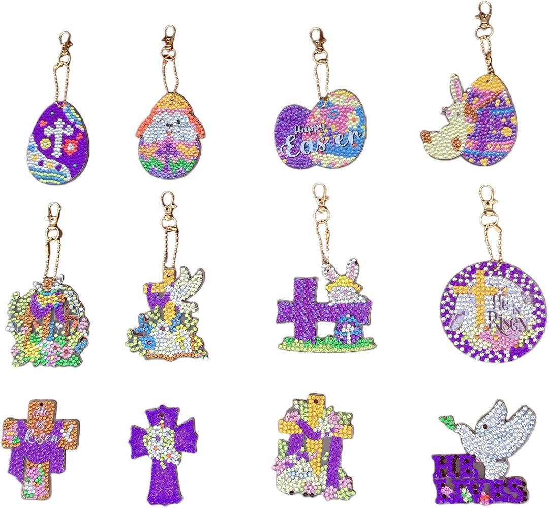 2 x Runeaoys Easter Diamond Art Keychains Kits for Adults 12 Pcs DIY Cross Eggs Diamond Painting Easter Decorations for Home
