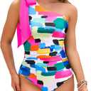 One Shoulder One Piece Swimsuits - Women Tummy Control Bathing Suit with Tie Knot Swimwear Full Coverage (Small, Color Block)
