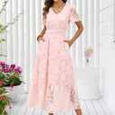 Caracilia Womens 2026 Spring Wedding Guest Maxi Dress Summer Boho Floral Short Sleeve V Neck Beach Vacation Tea Party Dresses (Pink, L)
