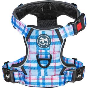 PoyPet No Pull Dog Harness, [Release at Neck] Reflective Adjustable No Choke Pet Vest with Front & Back 2 Leash Attachments (Checkered Blue,S)
