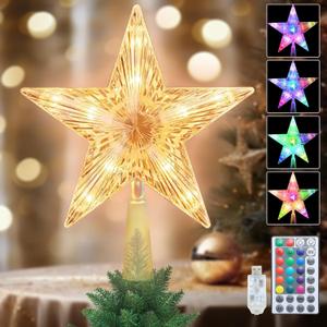 Christmas Tree Topper, 9" Lighted Christmas Tree Topper Star KBG LED 20 Light Modes Color Changing USB Powered with Versatile Remote Controller for Xmas Decorations