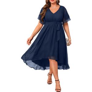 Plus Size Dresses Wedding Guest - Formal Cocktail Chiffon V Neck Short Sleeve High Low Dress Curvy Women 14W
