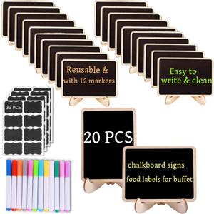 20 Pack Mini Chalkboard Signs with 12 Chalks & Blackboard Stickers, Wooden Reusable Message Boards with Easel Stand for Weddings, Birthday Parties, Buffet Food Signs, Event Decor