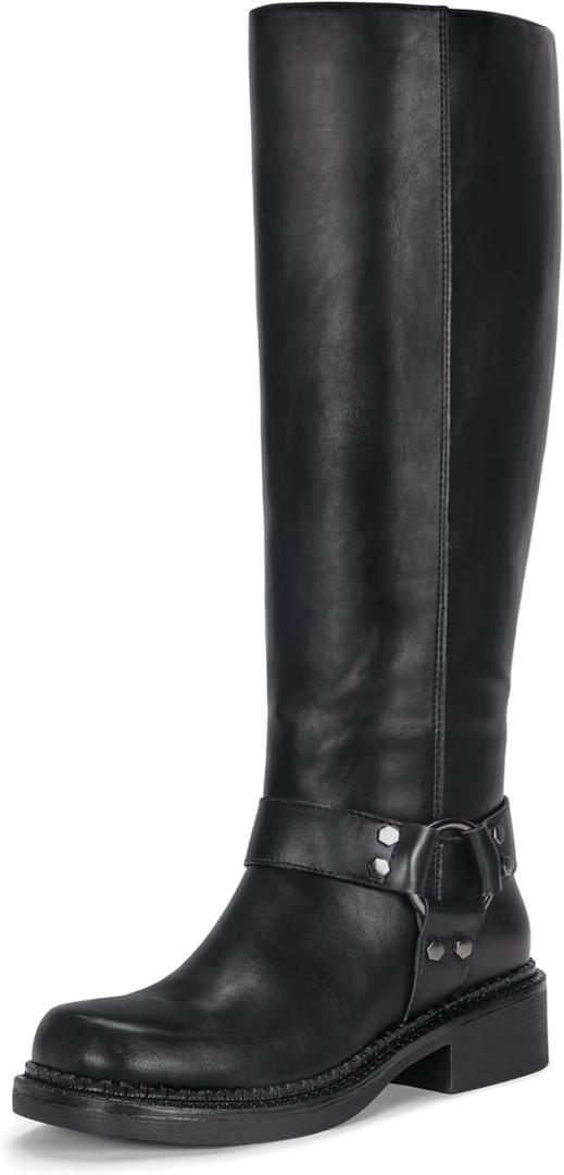 Vepose Women's Knee High Boots, Tall Riding Square Toe Chunky Low Heel Motorcycle Boots with Rivets (10, Black)