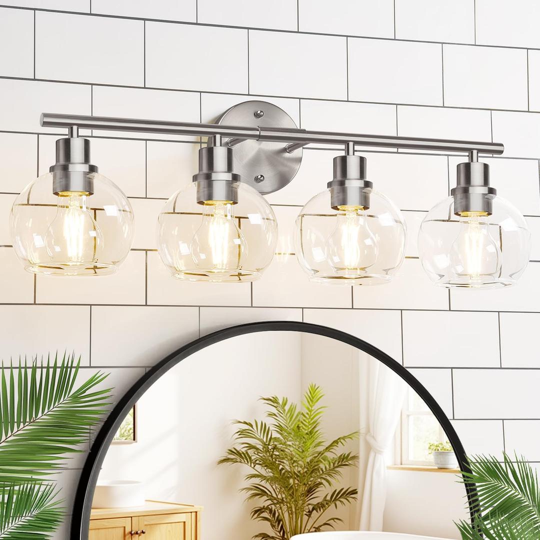 Indoi 4-Light Bathroom Light Fixtures, Brushed Nickel Modern Vanity Lights Over Mirror with Clear Glass Globe Shade, Bathroom Wall Sconces for Mirror Kitchen Living Room Hallway Cabinet Bedroom Porch