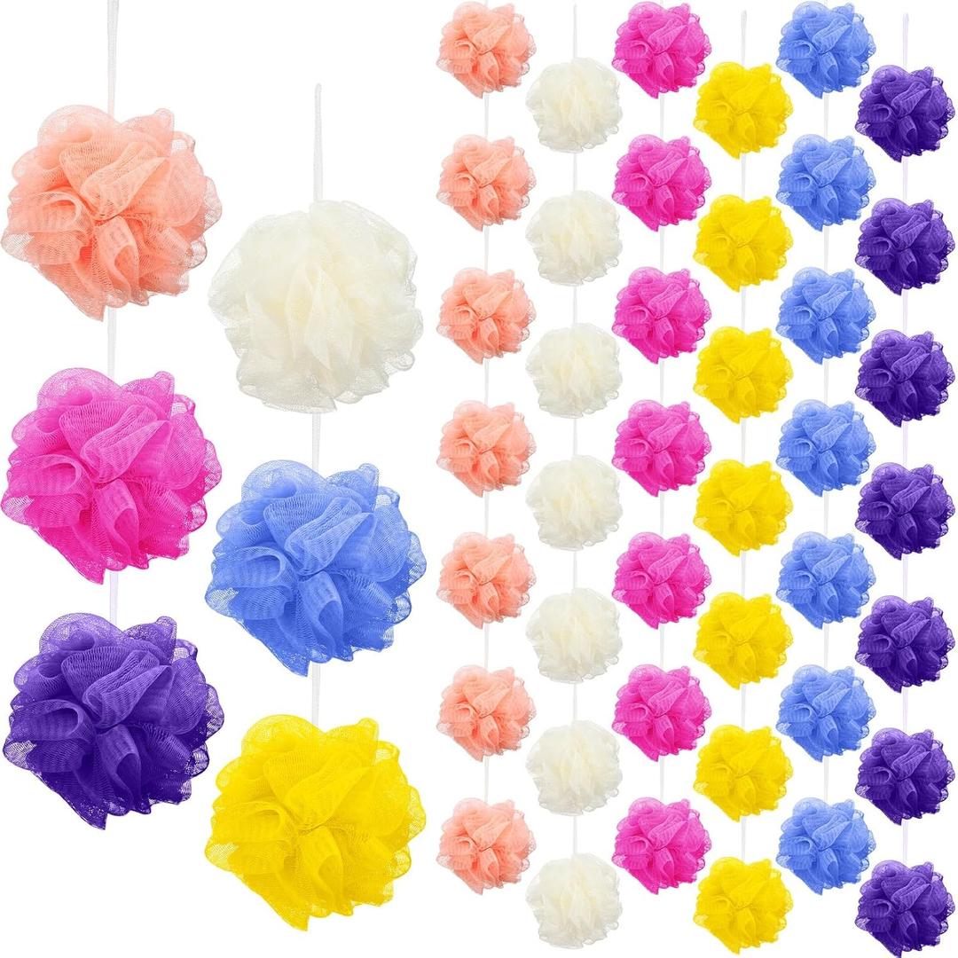 Siifert 50 Pieces Bath Sponge Shower Loofahs Bulk Bath Luffas Exfoliating Body Scrubber Pack Colorful Mesh Balls Travel Cleaning Wash Puff Bathing Accessories for Kids Women Men Body Wash, 6 Colors