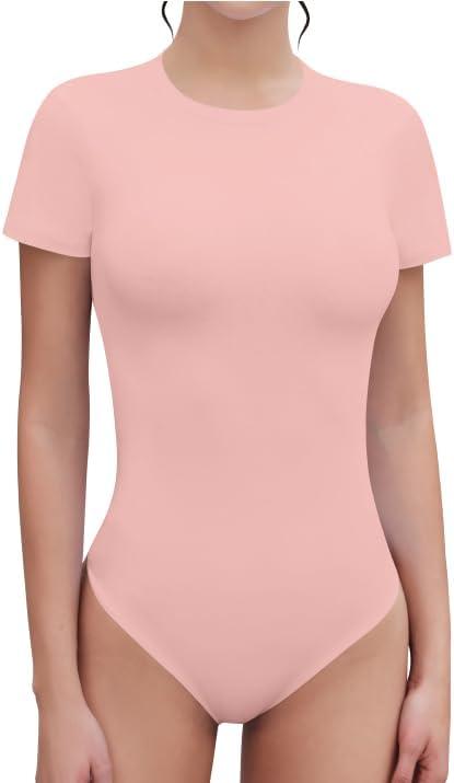 SHEIUGU Women's Crew Neck Short Sleeve Slim Fit T Shirts tops Basic Bodysuit Leotard Clothing(Short Sleeve PinkB, Small)
