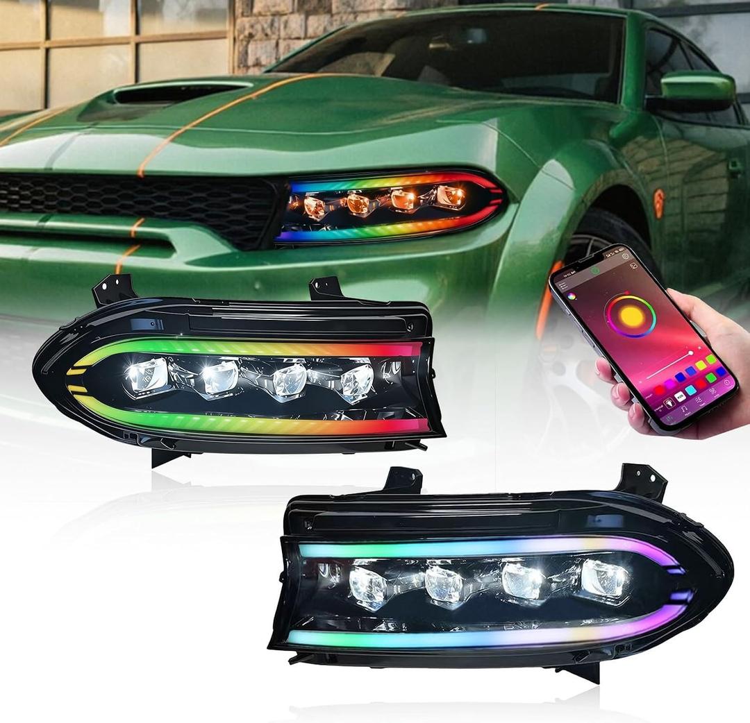 Headlights Assembly for Dodge Charger 2015-2023, Headlamp with LED Sequential Dynamic Turn Signal Lights & Dual DRL, Start-Up Animation, L+R | LED Sequential Dynamic Turn Signal Lights, Dual DRL, Start-Up Animation, L+R