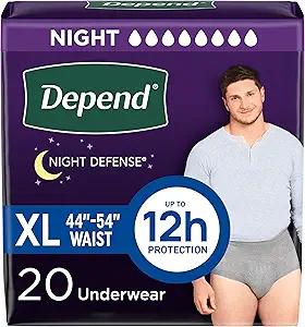 Depend Night Defense Adult Diapers, Incontinence Underwear for Men, Disposable, Overnight, ExtraLarge, Grey, 20 Count, 