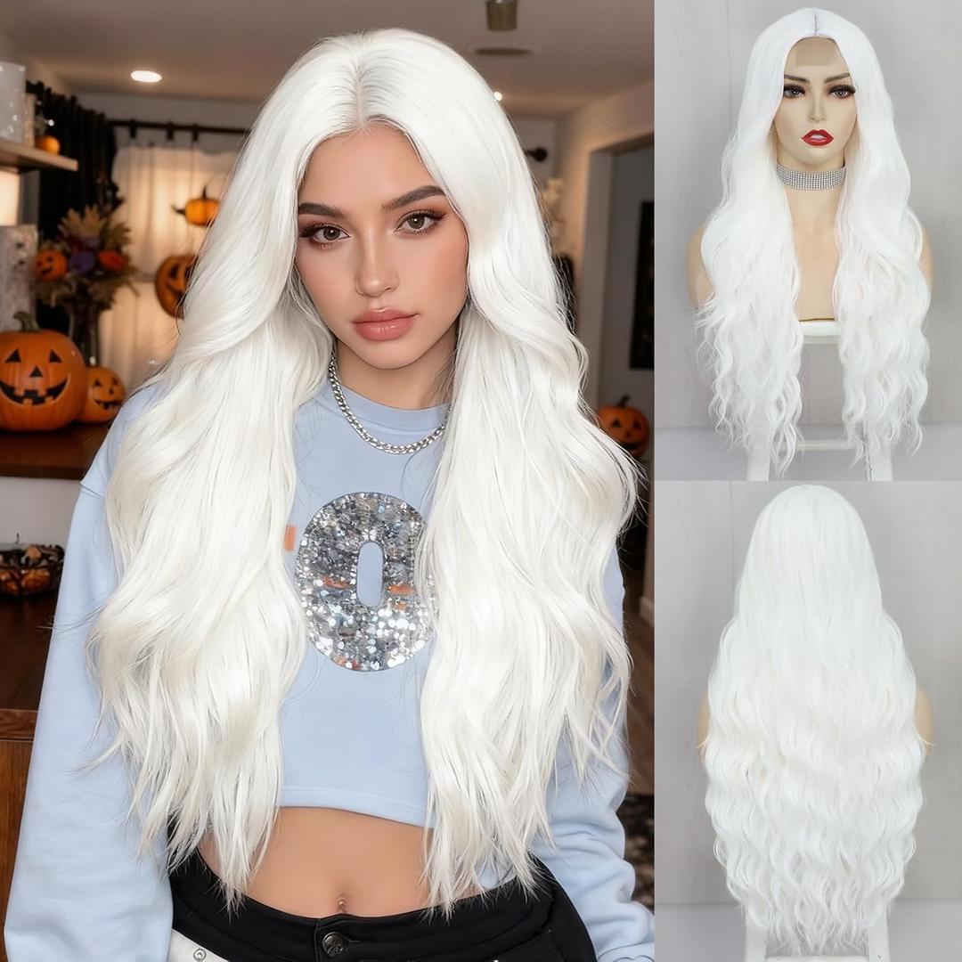 NAYOO Long White Wigs for Women - 26'' Long Wavy Wigs for Women, Synthetic White Halloween Wig