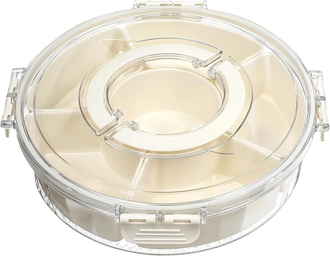 Divided Rotating Serving Tray with Lid and Handle, 6 Compartment Snack Box Container Portable Travel Snack Container for Serving Food Outdoor Party Snack Cracker and Spice Organizer