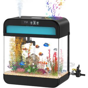 Fish Tank 2.2 Gallon Fish Aquarium with Music Humidifier 7 Color Auto-Looping Light Adjustable Water Pump with Filtration & Aeration & Circulation, Temperature Display, Bottom Water Changer (Smart Black)