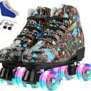 Silvertree Roller Skates for Women and Men PU Leather High-top Adult Roller Derby Skate Wheels Light Up Roller Skate Four-Wheel Shiny Roller Skates for Girls Boys Unisex (US:8, black flash wheel)