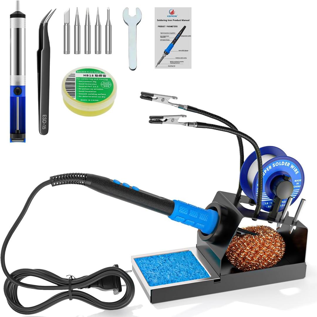 KEPIOG Soldering Iron Kit, 100W High Power LCD Soldering Iron, 2 Helping Hands Soldering, Flux, Iron Tips, Tin Wires, Solder Sucker, Tweezers. C/ Conversion, Auto SleepTemperature Calibration
