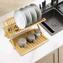 KKTONER Bamboo Dish Drying Rack with Utensil Holder 3 Tier Collapsible Drainer Rack with Dish Drying Mat for Kitchen Counter (Natural)