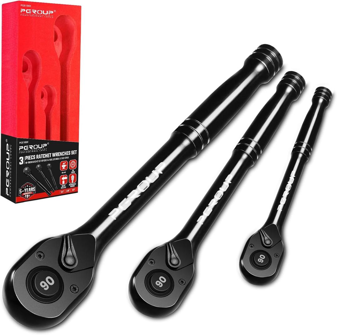 3-Piece 90 Tooth Ratchet Wrench Set, 1/4, 3/8, 1/2 Drive Reversible Ratchets, 4-Degree Swing, Ergonomic Handle, Chrome Alloy Made, Quick Release Ratchet Wrenches for Repairing, Home, DIY
