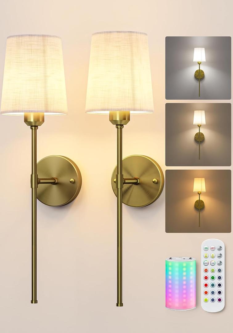 EZVALO Battery Operated Wall Sconces Set of 2, 7500mAh, RGB, Rechargeable Wall Lights with Remote, Dimmable, Magnetic Bulbs, No-Wiring Installation, Wireless Wall Lamps for Bedroom, Living Room, 24 inches