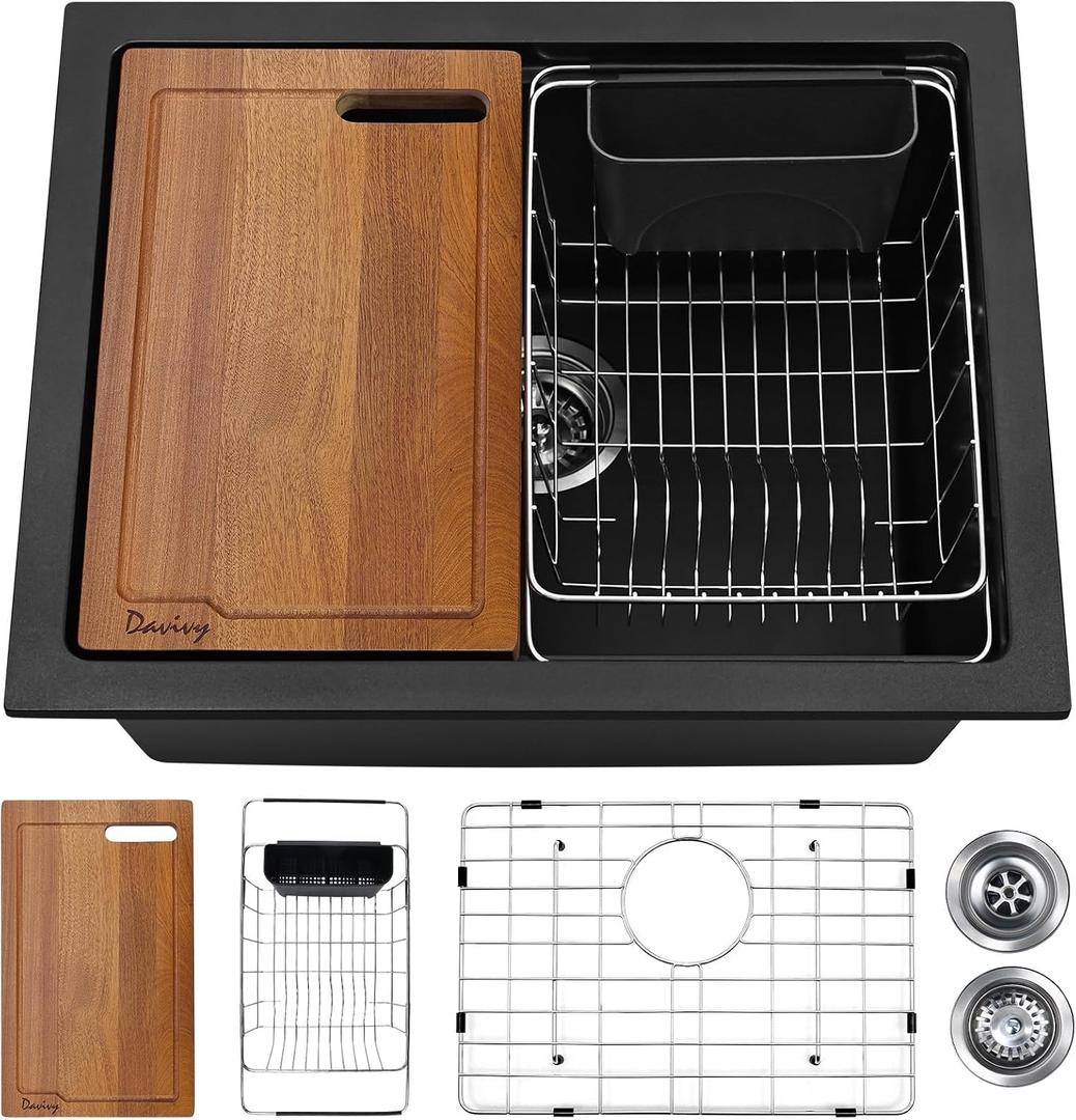Davivy 22 Inch Black Granite Composite Kitchen Sink Workstation, 22 x 18 Black Undermount/Drop In Kitchen Sink, Deep Quartz Single Bowl with Accessories