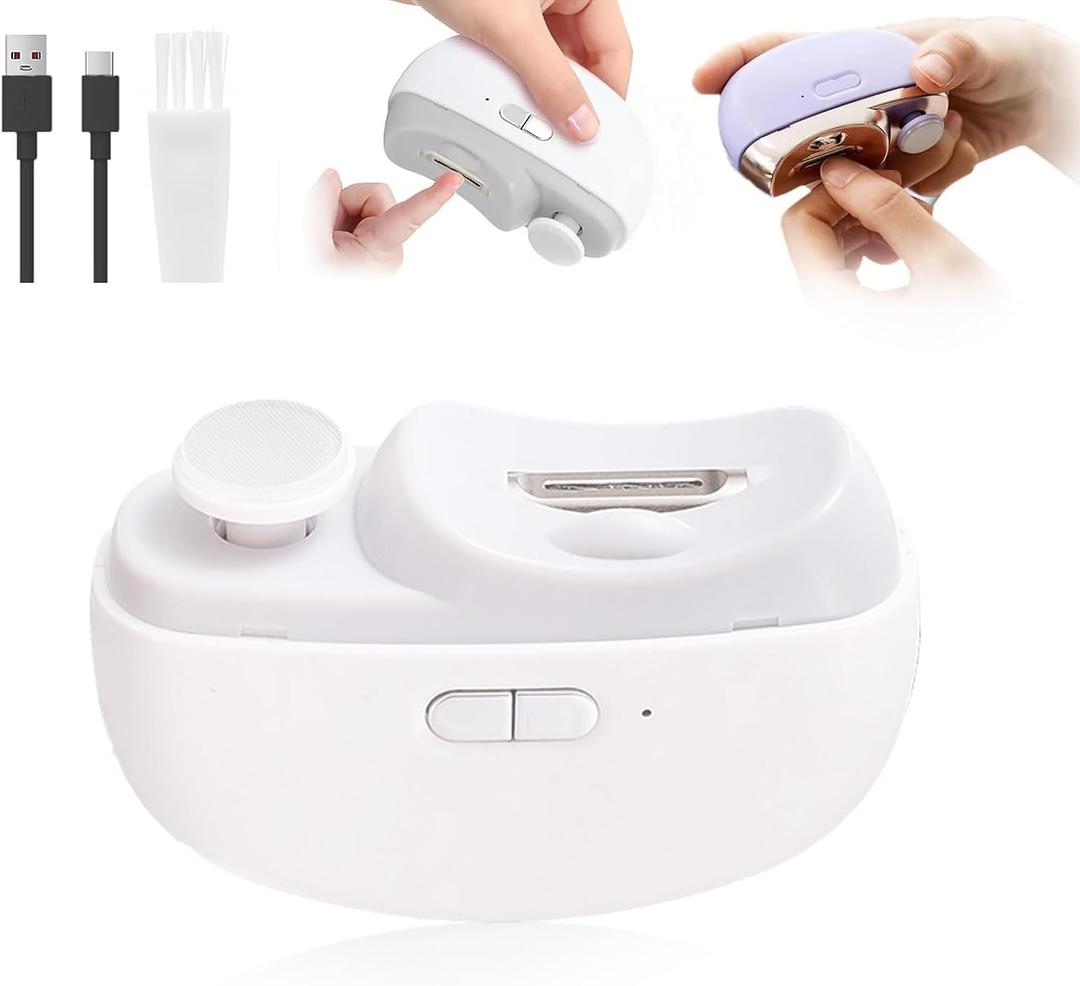 Electric Nail Clipper, 2 in 1 Electric Automatic Nail Clippers for Seniors and Adults Baby Easy Clip Nail Clippers with Polishing, Light & Storage 2 Adjustable Speeds for Nail Trimmer White
