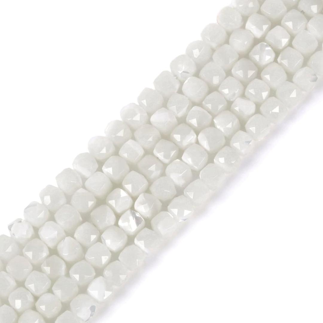 White Mother of Pearl MOP Shell Natural Gemstone 4mm Faceted Cube Square Loose Beads 16 Inch for DIY Jewelry Making Beads