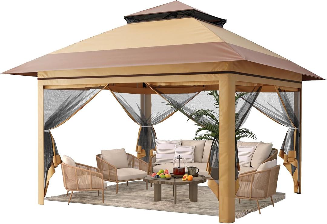 Driftalia 13x13 Pop Up Gazebo, Instant Outdoor Gazebo with Mosquito Netting, Vented Roof and Carry Bag for Patio, Garden & Backyard - Beige & Coffee