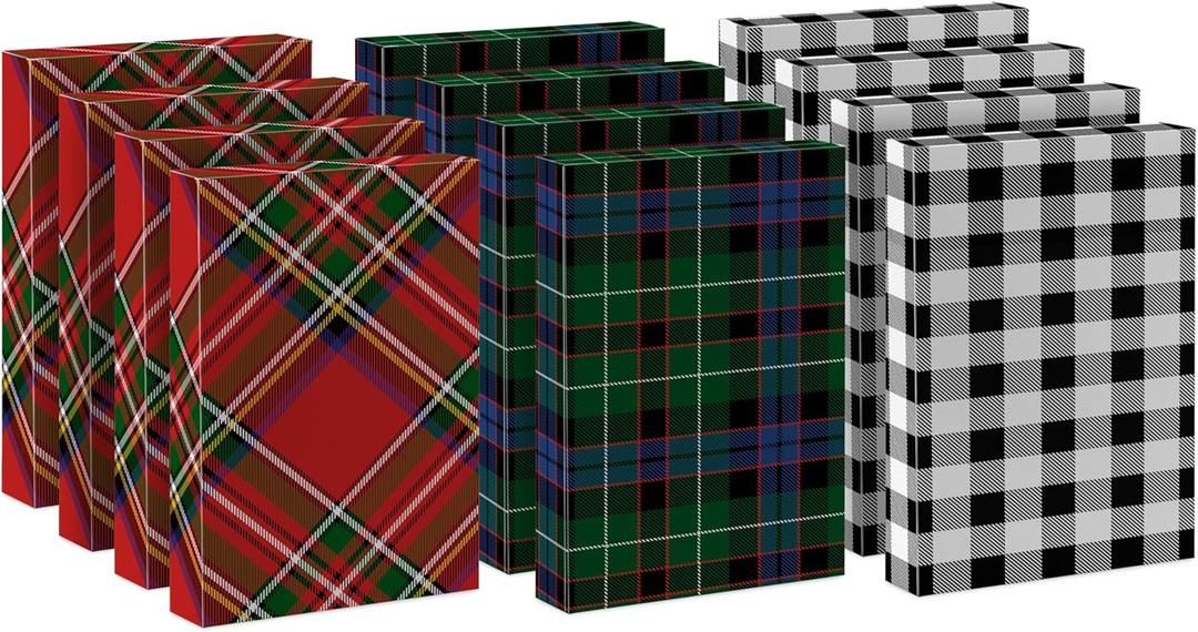 Hallmark Medium Christmas Gift Boxes with Lids (12 Shirt Boxes, 3 Designs: Blue, Green, Red Plaid, Black Buffalo Check) for Christmas, Hanukkah, Birthdays, Father's Day