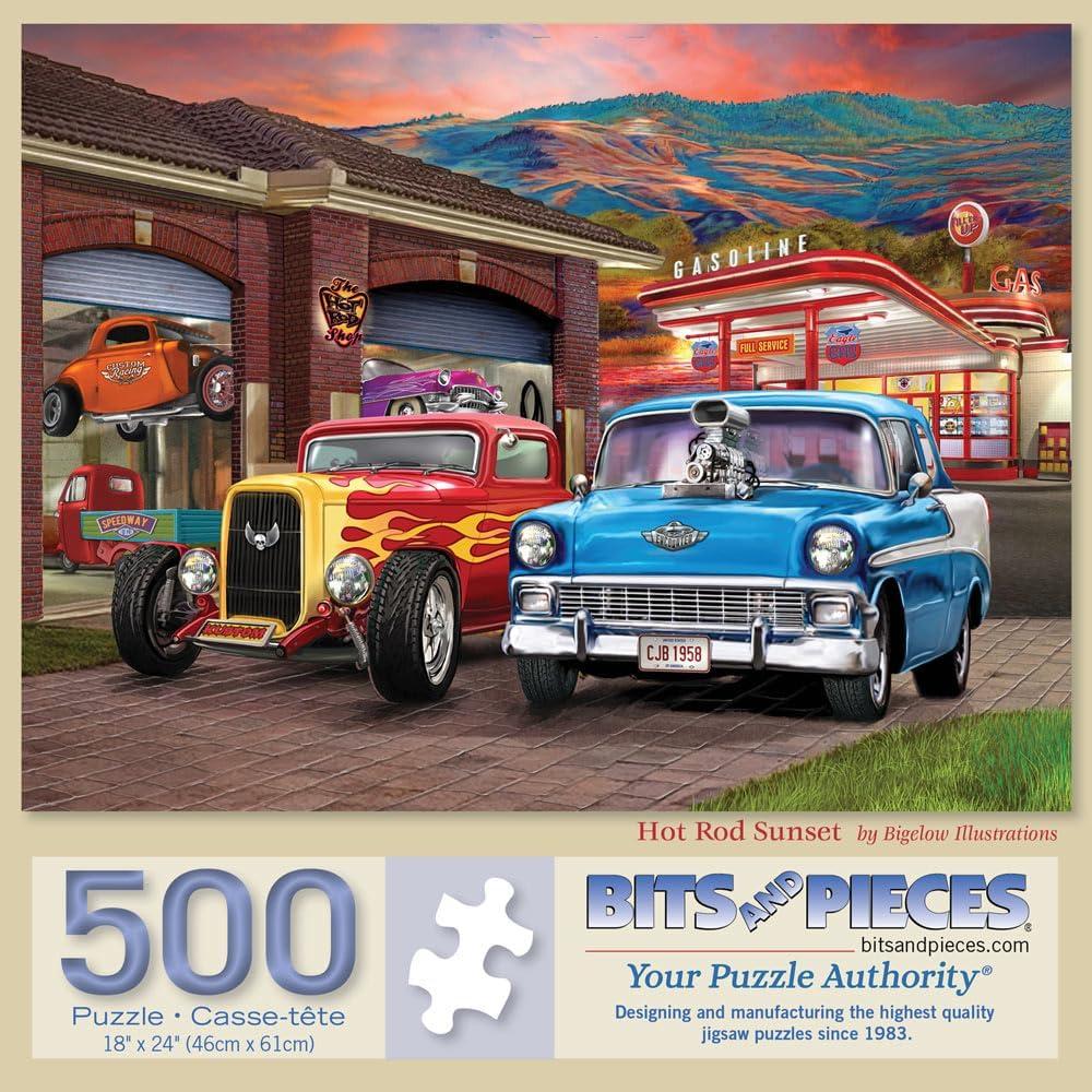 Bits and Pieces 500 Piece Puzzles for Adults - Large 18" x 24" Jigsaw Puzzles 500 Pieces Classic Cars Hot Rods, Random Die Cut, No 2 Pieces Alike, Hot Rod Sunset