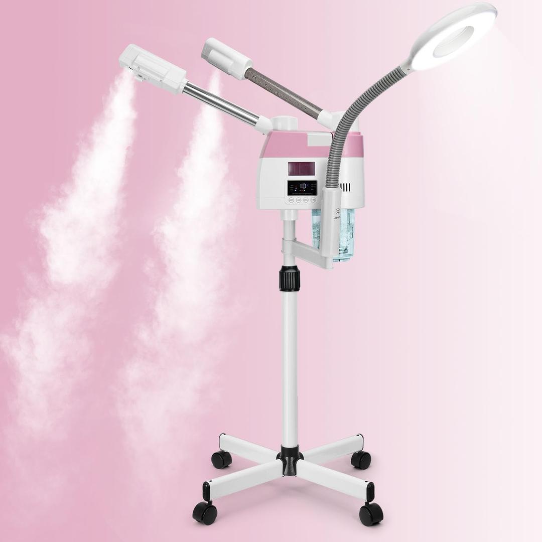 Professional Facial Steamer, 3 in 1 Facial Steamer with 5X Magnifying Lamp Hot&Cool Mist, Esthetician Steamer on Wheels, Stand Face Steamer with Time Setting for Home Salon Spa