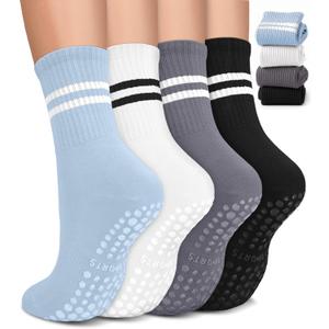 Pilates Socks with Grips for Women, Non-Slip Yoga Athletic Socks for Barre Barefoot Workout Hospital (Small-Medium, 1 Blue/White/Gray/Black- 4 Pairs)