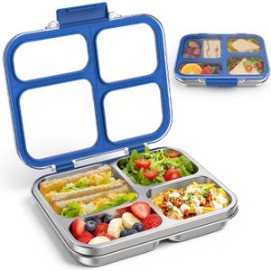Stainless Steel Bento Box for Kids Adults with Silicone Container, Leak Proof 4 Compartments Metal Lunch Box, Removable Silicone Seal & Clear Lid Food Container for School Office, BPA-Free(Blue)