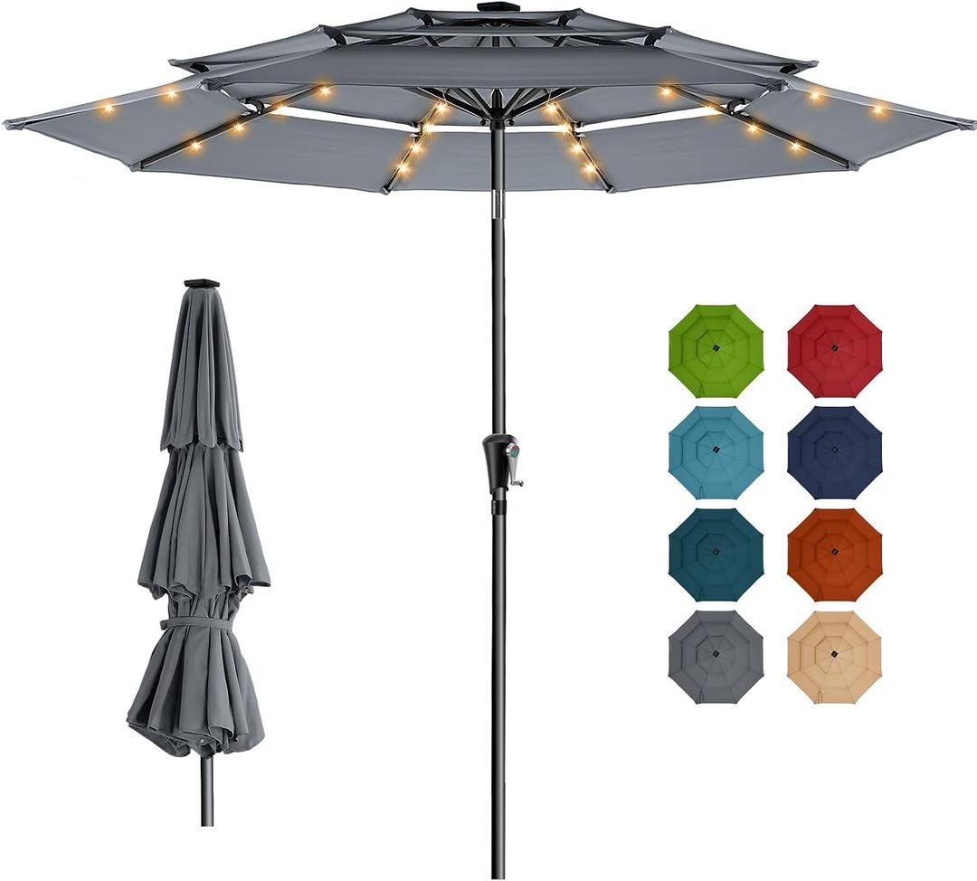HOMSHADE 9FT 3-Tier Solar Patio Umbrella Heavy Duty,Vented Market Table Umbrella Windproof w/32 LED Lights,UPF50+,5-Year Fade Resistant,8 Thicker Ribs for Pool,Lawn,Garden,Deck (Grey,No Base)