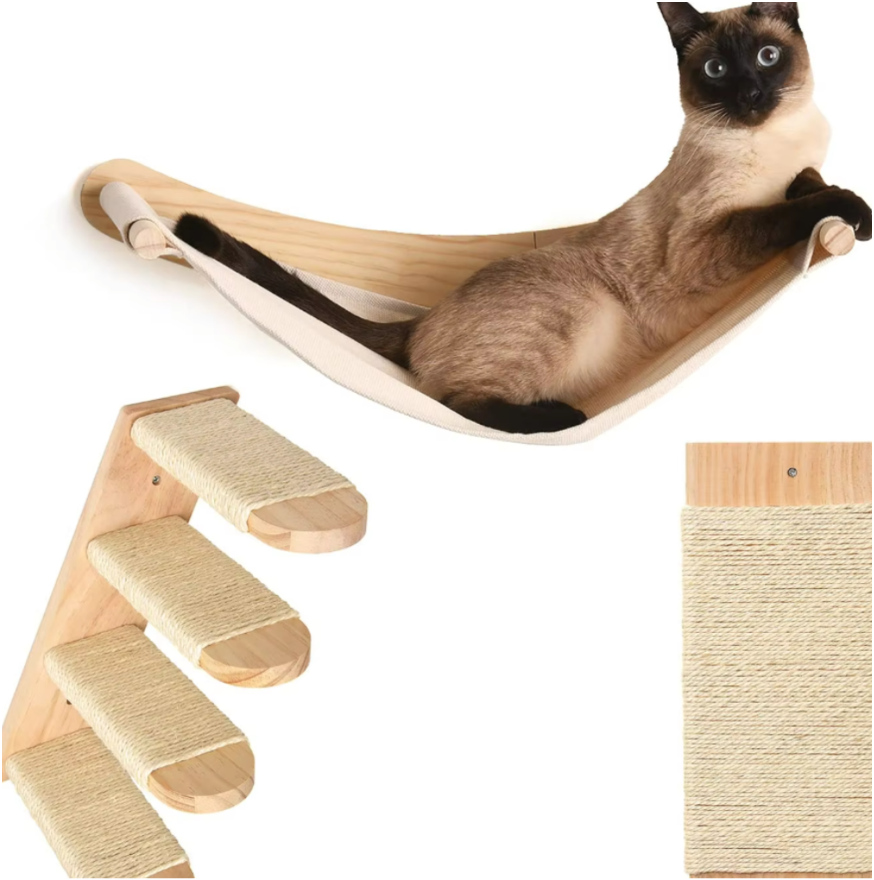 Chasing Tails Cat Wall Shelves - Four Step Cat Shelf with Scratch Board, Mounted Cat Shelves, Sturdy Cat Wall Furniture for Indoor Cats, Kittens - Extra Cat Wall Hammock Cover Included