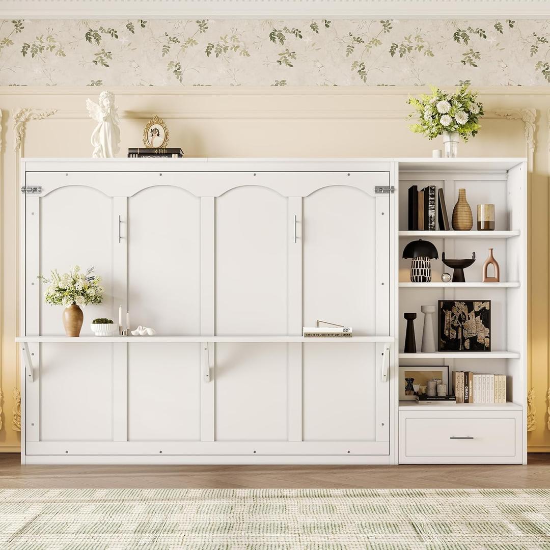 Merax Queen Murphy Bed with 3 Height Adjustable Storage Shelves & 1 Drawer, Wall Bed Frame Multifunctional Foldable Platform Bed for Small Space, Bedroom, Guest Room, Bear 500LBS (White)