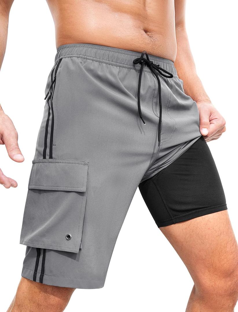 Men's Athletic Basketball Shorts - 9" Cool Dry Gym Workout Shorts with Liner and Zipper Pockets (Large, A003-grey/Black Stripe)