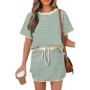 Opemiby Womens 2 Piece Skort Set 2026 Color Block Short Sleeve Top Drawstring Skort Matching Sets Casual Lounge Summer Outfit L