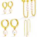 Pearl Earring Stacks for Women  Dainty 14K Gold Plated Hypoallergenic Hoop & Dangle Earrings Set