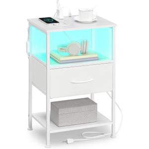 SONGMICS Nightstand with Charging Station, 1 Fabric Drawer