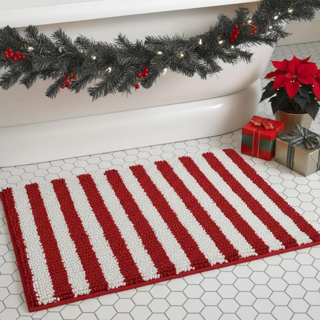 Dunzy Xmas Red and White Striped Bathroom Rug Chenille Bath Mat Candy Cane Area Rug Non Slip Microfiber Soft Washable Absorbent Floor Mat for Shower Bedroom Kitchen Decor(Red White,20 x 31.5 Inch)