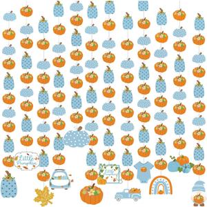 12 Pack Fall Little Pumpkin Party Hanging Decorations Blue Little Pumpkin Baby Shower Decorations Fall Truck Gnome Maple Leaf Hanging Swirl for Boy Harvest Paper Cutouts for Autumn Birthday (Multi Color)