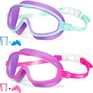 Seago Swim Goggles 2 Pack Anti-Fog Anti-UV Wide View Swimming Goggles for Kids 3-14 (Pink Purple & Green Purple)