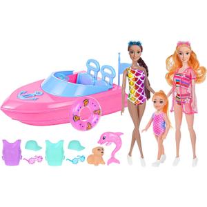 dollbie Fashion Dolls and Boat Playset - 11.5 Inch Dolls with Swimwear, Life Vests, Accessories, 5.5 Inch Doll, Pet Puppy and Dolphin Toy - Summer Beach Adventure Gift Set for Girls