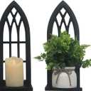 Wall Candle Sconces for Pillar - Black Candle Holder for Wall Set of 2 - Gothic Wood Carved Shelf for Plant - Rustic Window Shape Decor for Bathroom Hallway Fireplace