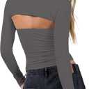 Women 2 Piece Long Sleeve Y2K Cardigan Bolero Shrug Set Strapless Going Out Crop Top 2023 Fashion T-Shirt Tank Tops (Gray)