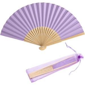 50pcs Paper Hand Fan with Organza Bags Bamboo Handheld Folding Fan DIY Decorative Wedding Party Favors (Light Purple)